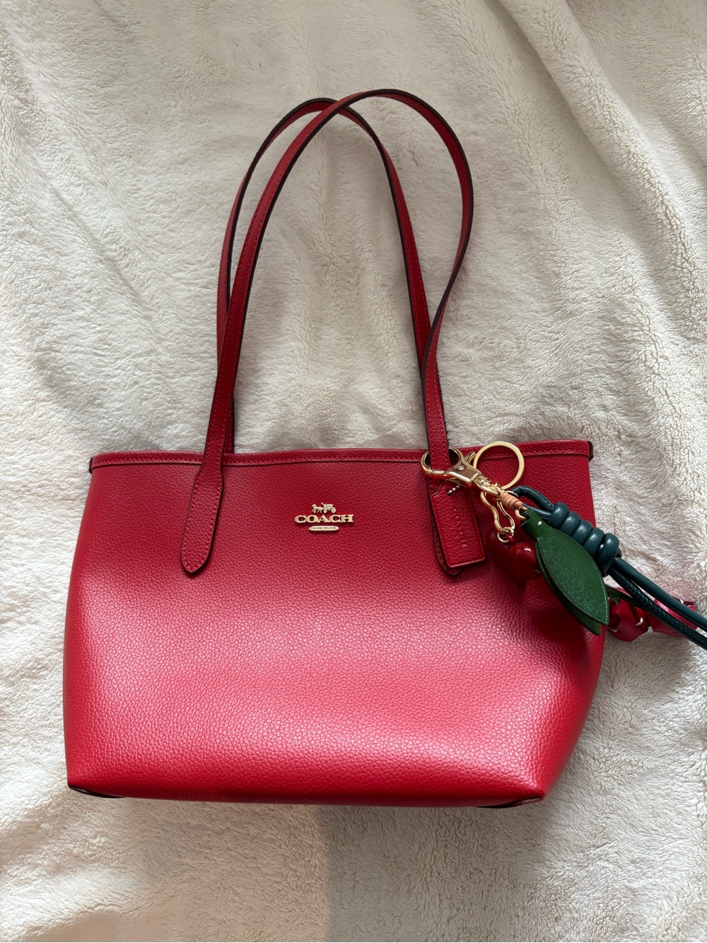 Coach Small City Tote. Red Leather Tote with Green Charm Accent - Picture 1 of 2